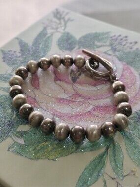 Artisan Sterling Silver Satin & Polished Bead Toggle Bracelet 6.5" 27.2g